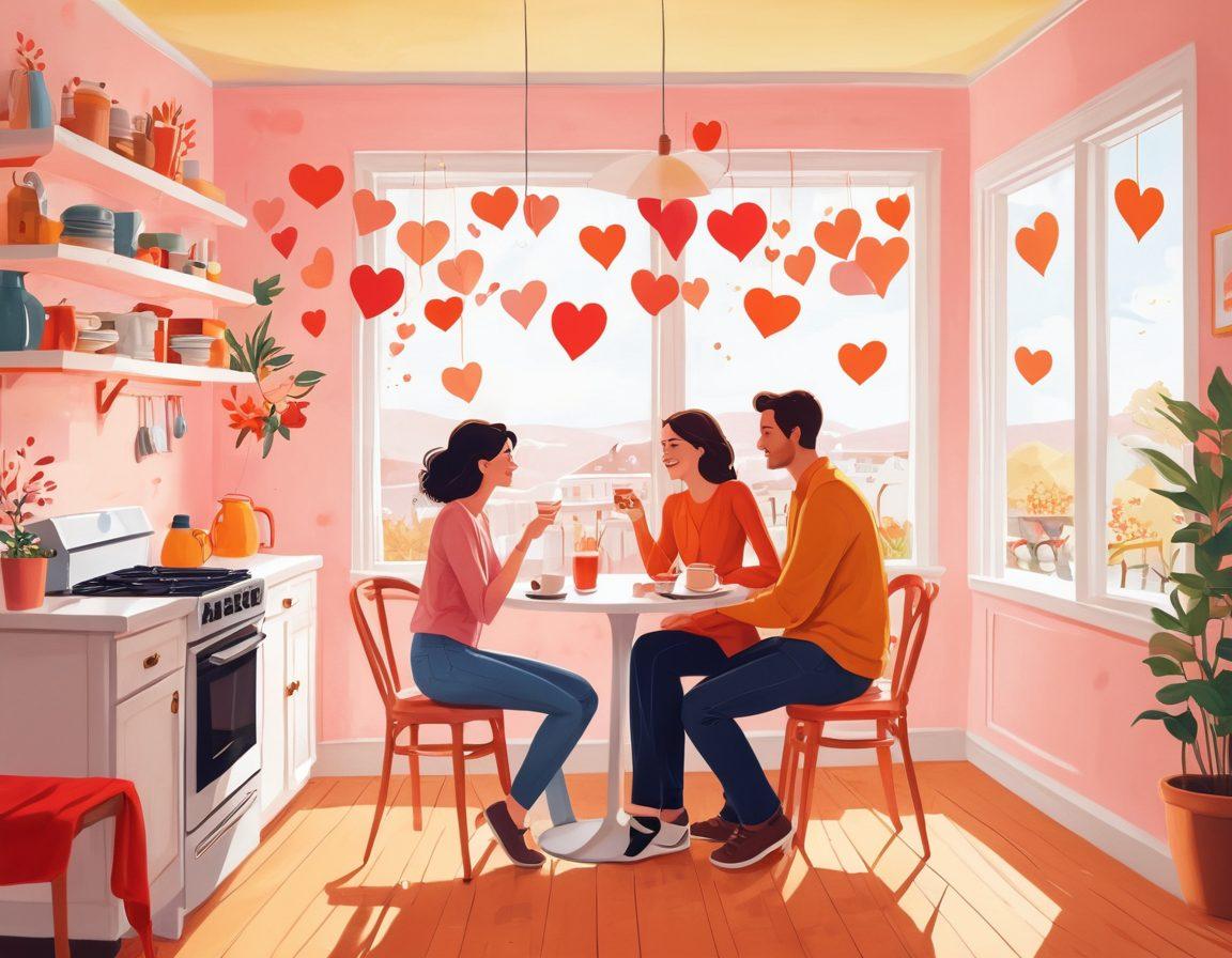 A whimsical illustration of a couple evolving from playful flirting at a bustling cafe to a cozy, intimate home setting, surrounded by heart-shaped symbols and romantic gestures. The background transitions from vibrant outdoor scenes to a warm, inviting indoor atmosphere, depicting the journey from casual encounters to deep connection. The colors should be warm and inviting, embodying love and transformation. cartoon style. vibrant colors. white background.