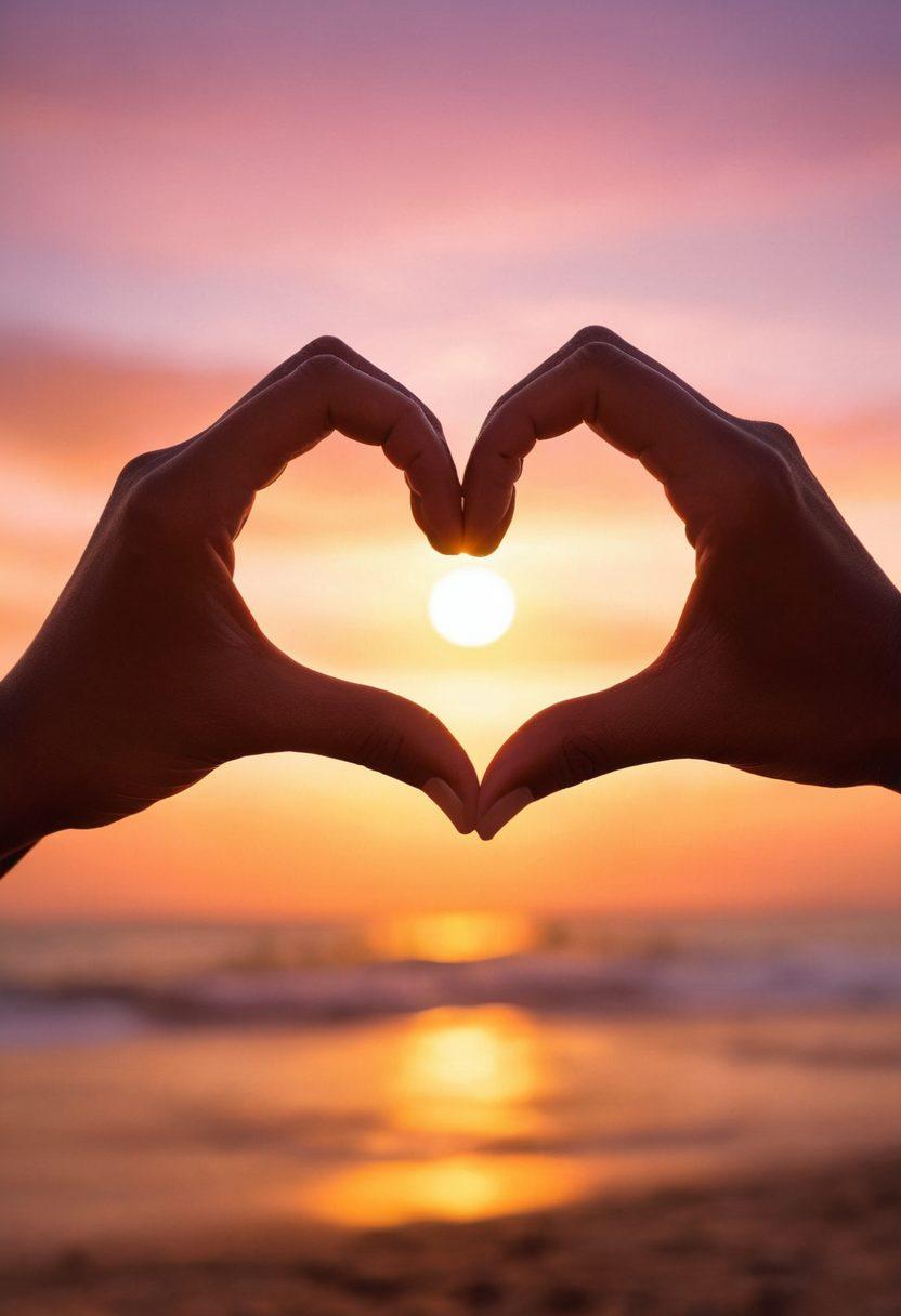 A warm, inviting scene of two hands forming a heart shape with colorful love language symbols (words of affirmation, acts of service, etc.) swirling around them, set against a soft sunset backdrop. Include subtle intermingling emotions represented by soft glows or silhouettes of couples in the background, creating a sense of connection. pastel colors. dreamy atmosphere.