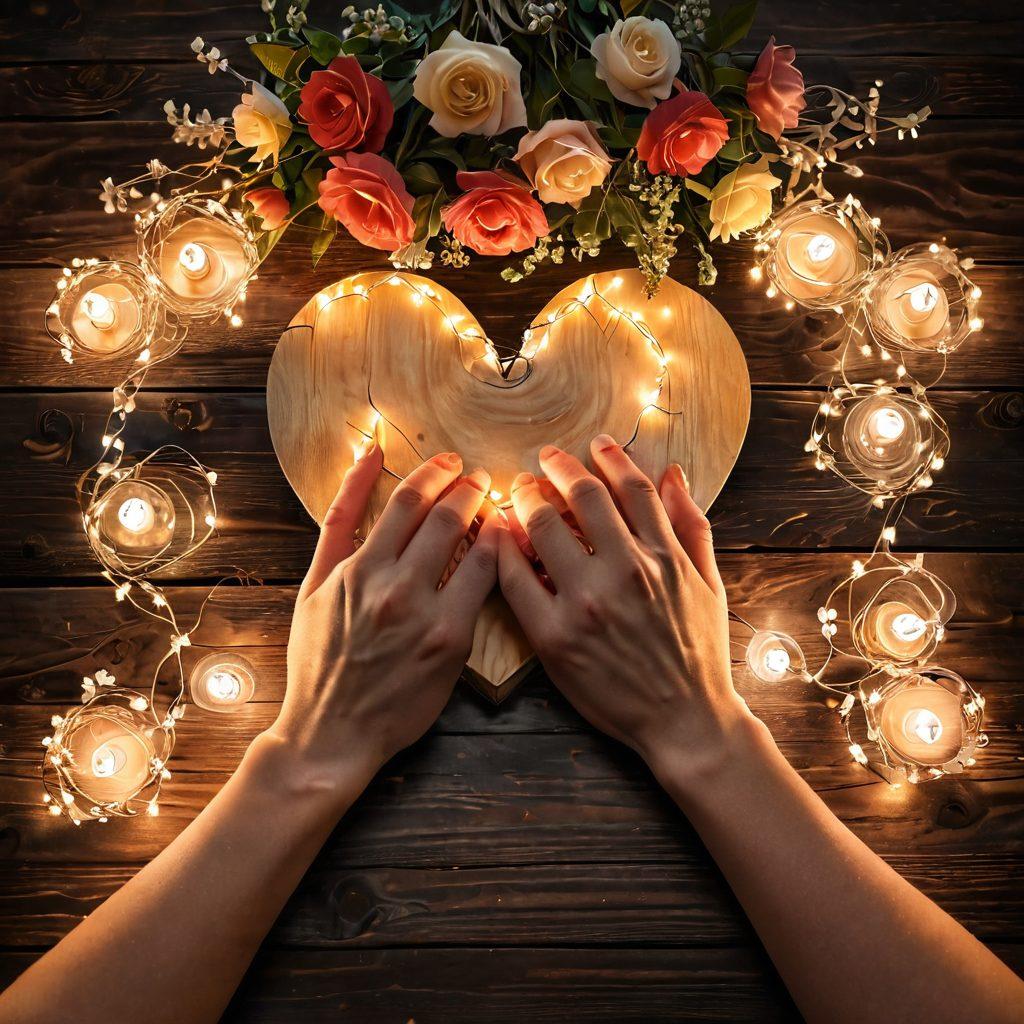 A romantic scene depicting two hands intertwined over a wooden table, surrounded by blooming flowers and soft candlelight, symbolizing connection and intimacy. In the background, a glowing heart shape made of string lights subtly illuminates the space, creating a warm and inviting atmosphere. The overall mood should evoke feelings of love and deeper relationships. super-realistic. vibrant colors. soft focus.